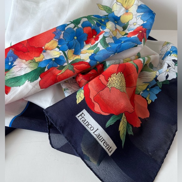 Franco Laurenti Vintage Floral Silk Scarf Blue Red - Picture 2 of 5